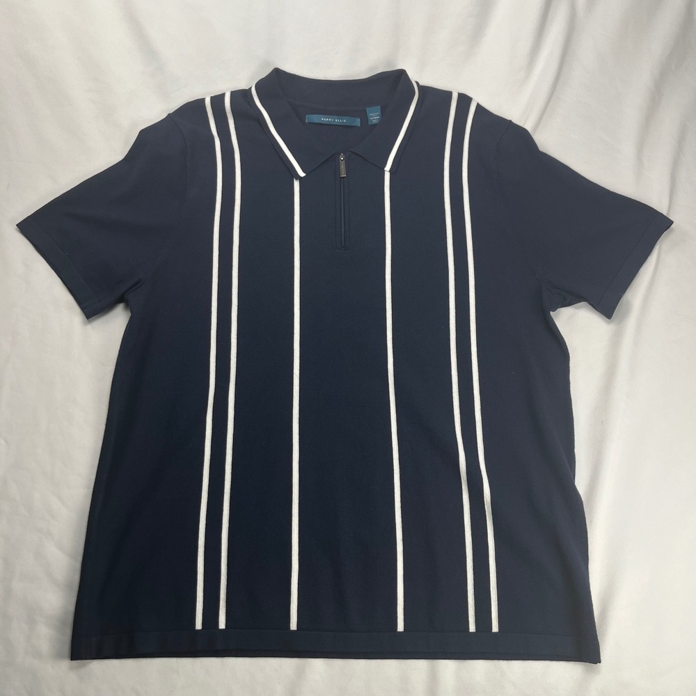 Perry Ellis Quarter Zip Polo Navy White Vertical Stripe Knit XL